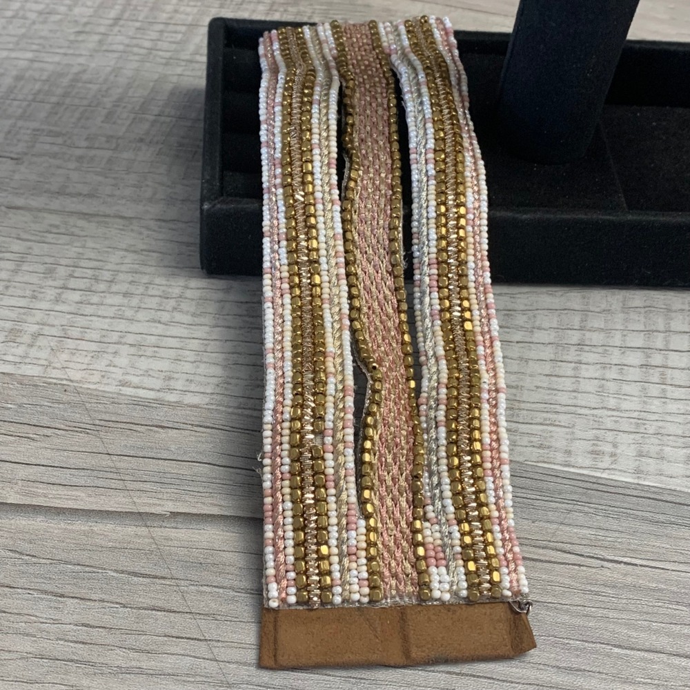 Boho Beaded Wide Cuff Bracelet Gold Rose Cream Multi Strand Adjustable 5110